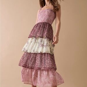 Floral Tiered Maxi Dress in Purple and Cream